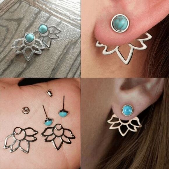 Silver Lotus Flower Turquoise Stud Earrings - Picture 3 of 3